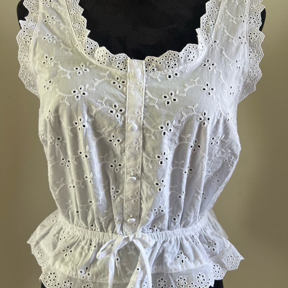 Self Esteem White Eyelet Lace Button-Front Peplum Top